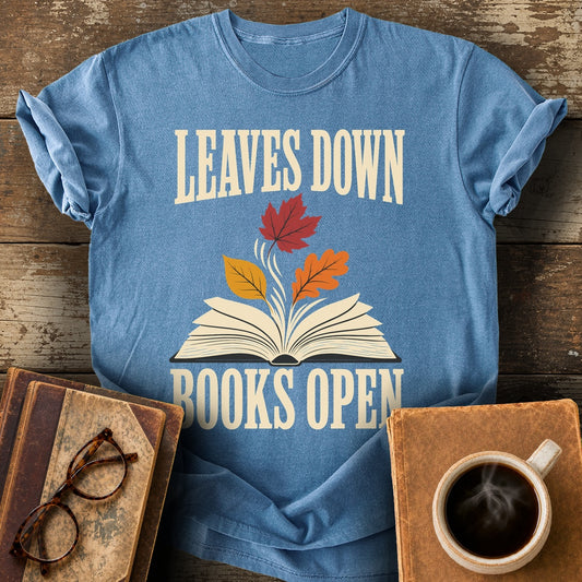 Leaves Down, Books Open Tee - blue jean shirt mockup