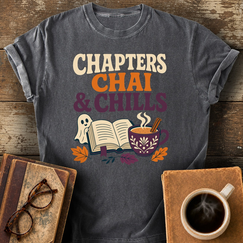 Chapters, Chai & Chills Tee - pepper shirt mockup