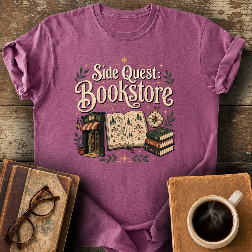 Side Quest Bookstore T-Shirt - berry shirt mockup