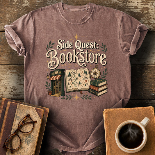 Side Quest Bookstore T-Shirt - espresso shirt mockup