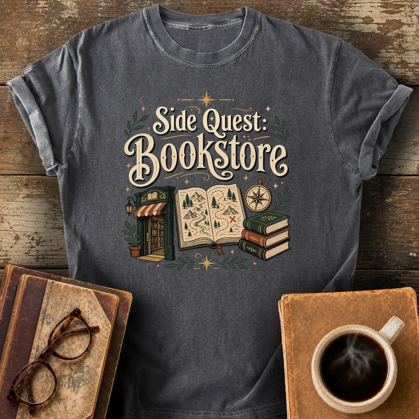 Side Quest Bookstore T-Shirt - pepper shirt mockup