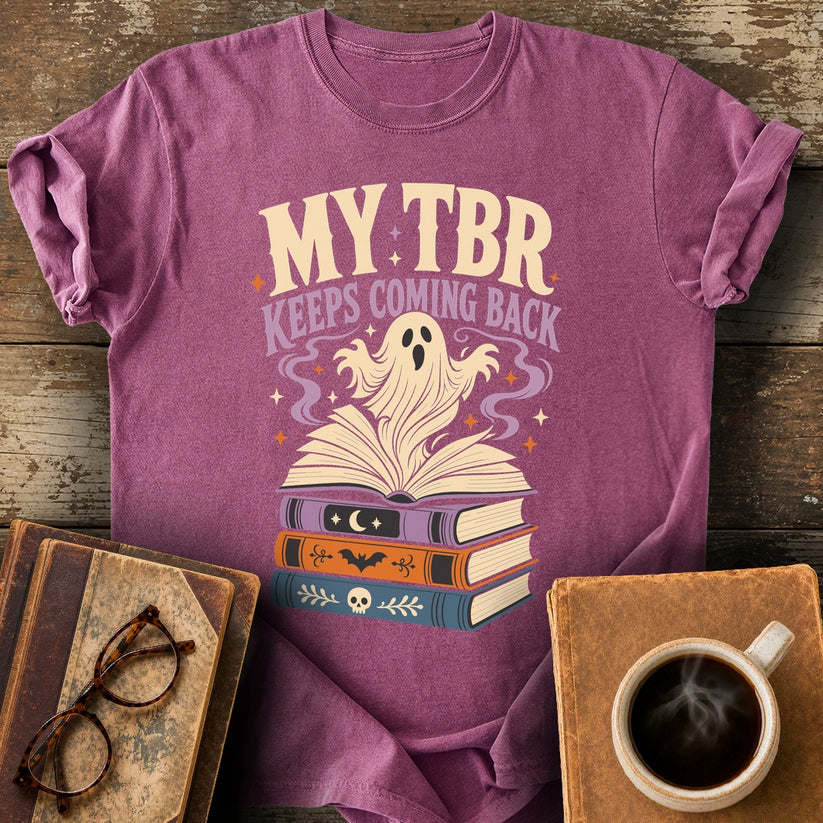 My TBR Keeps Coming Back Tee - berry shirt mockup