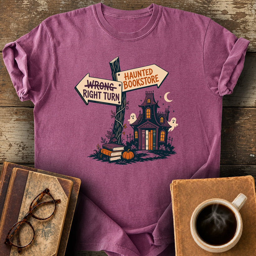 Right Turn: Haunted Bookstore Tee - berry shirt mockup