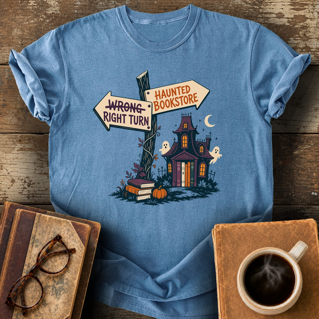 Right Turn: Haunted Bookstore Tee - blue jean shirt mockup