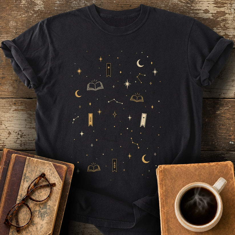 Bookish Celestial Pattern T-Shirt - black shirt mockup