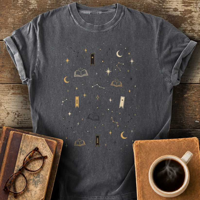 Bookish Celestial Pattern T-Shirt - pepper shirt mockup