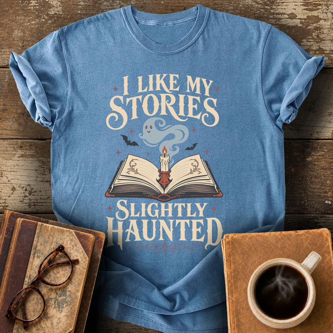 I Like My Stories Slightly Haunted Tee - blue jean shirt mockup