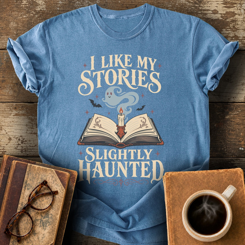 I Like My Stories Slightly Haunted Tee - blue jean shirt mockup