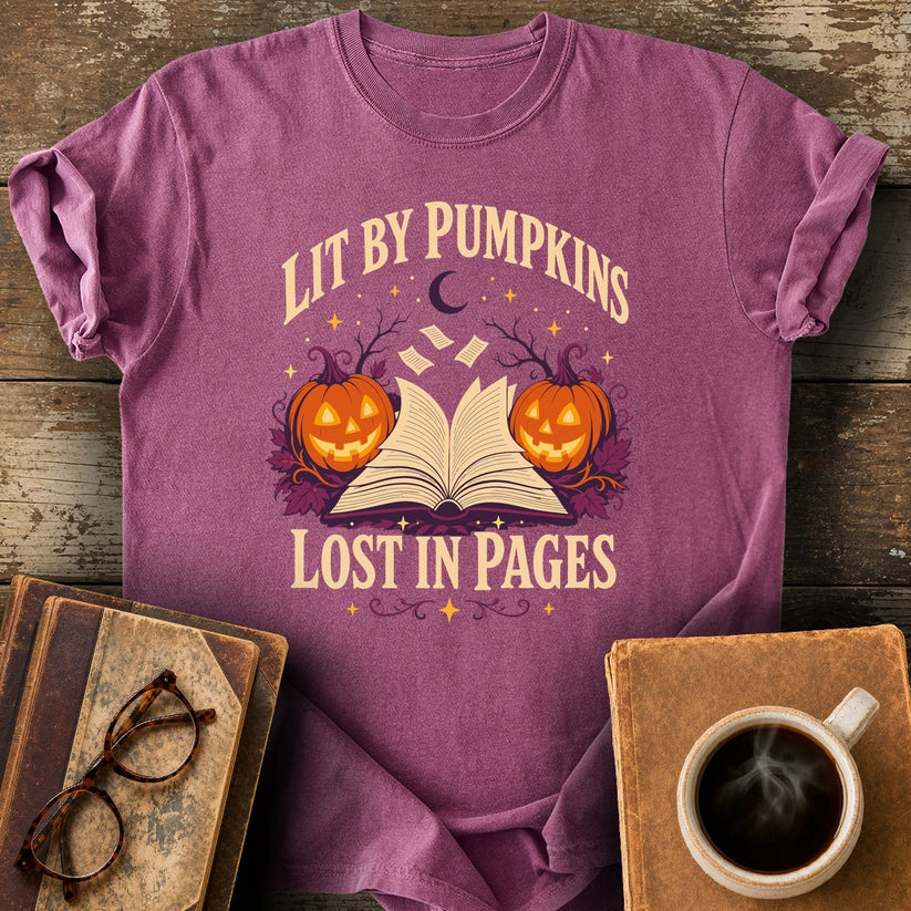 Lit by Pumpkins, Lost in Pages Tee - berry shirt mockup
