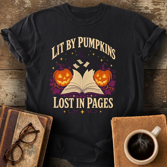Lit by Pumpkins, Lost in Pages Tee - black shirt mockup