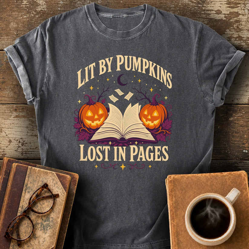 Lit by Pumpkins, Lost in Pages Tee - pepper shirt mockup