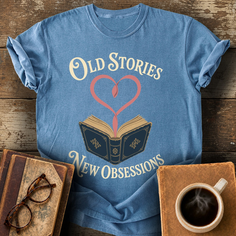Old Stories, New Obsessions Tee - blue jean shirt mockup