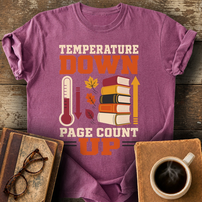 Temperature Down, Page Count Up Tee - berry shirt mockup