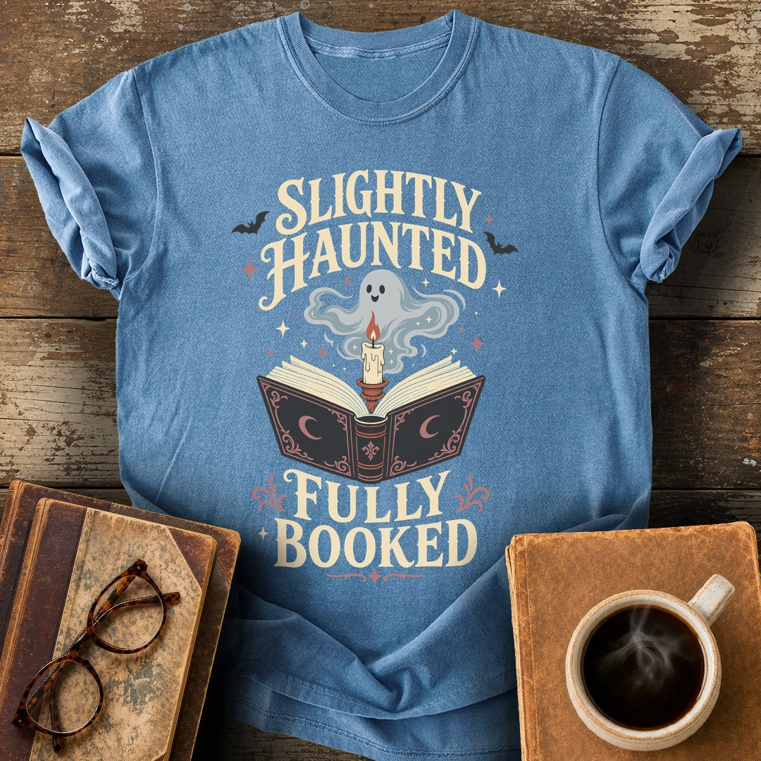 Slightly Haunted, Fully Booked Tee - blue jean shirt mockup