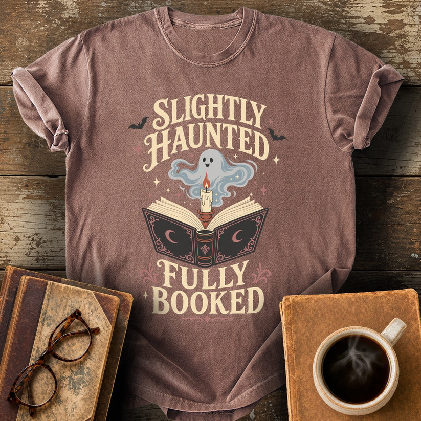 Slightly Haunted, Fully Booked Tee - espresso shirt mockup