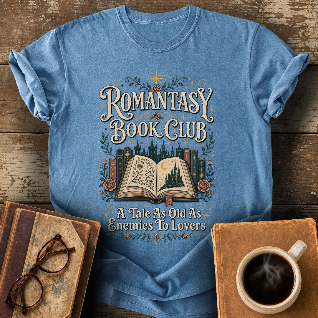 Romantasy Book Club Enemies To Lovers T-Shirt - blue jean shirt mockup