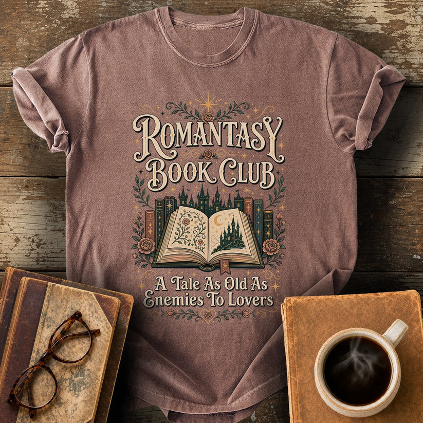 Romantasy Book Club Enemies To Lovers T-Shirt - espresso shirt mockup