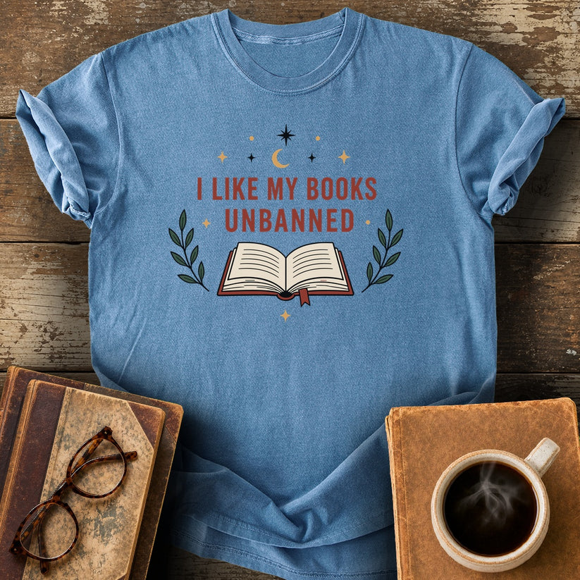 I Like My Books Unbanned T-Shirt - blue jean shirt mockup