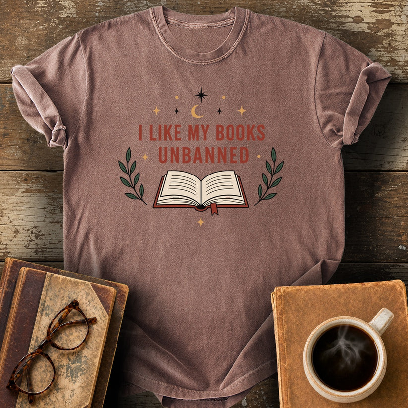 I Like My Books Unbanned T-Shirt - espresso shirt mockup