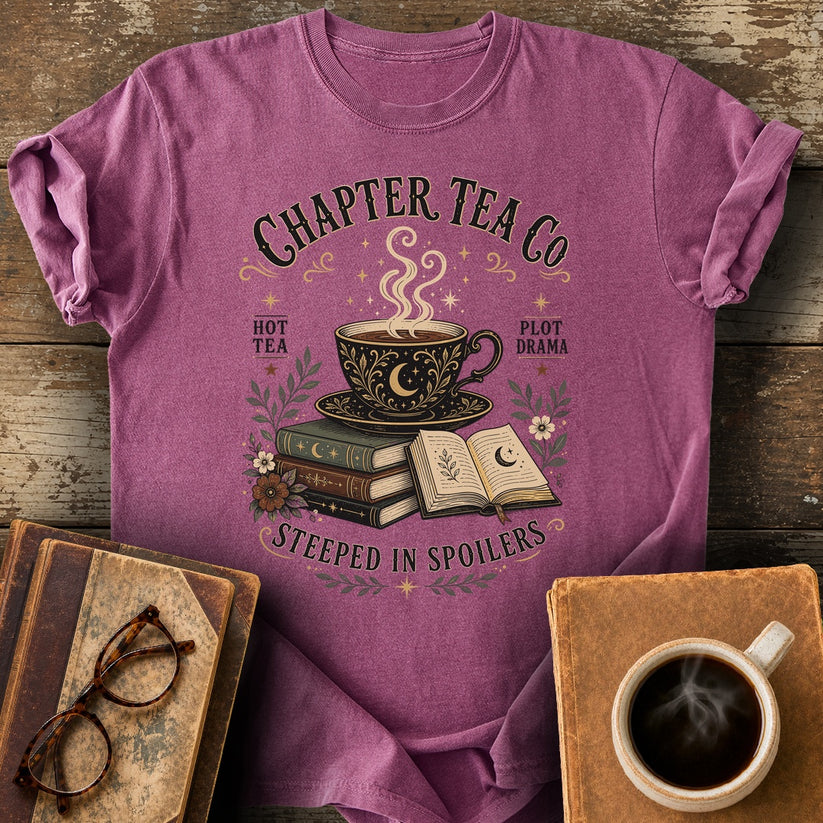 Chapter Tea Co Steeped In Spoilers T-Shirt - berry shirt mockup