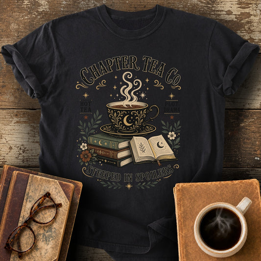 Chapter Tea Co Steeped In Spoilers T-Shirt - black shirt mockup