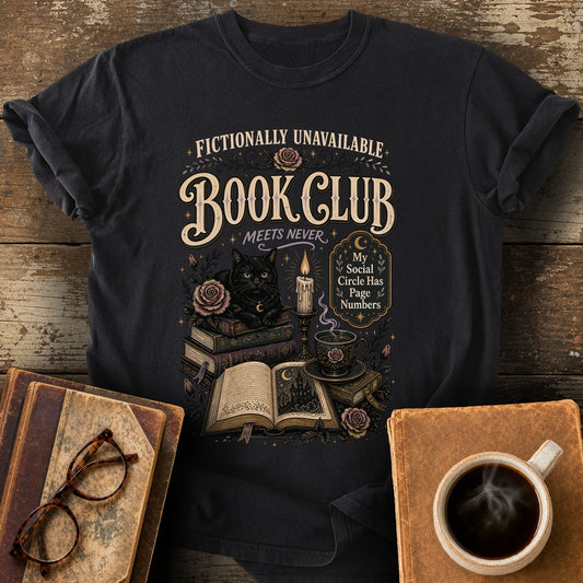 Black Cat Book Club Tee - black shirt mockup