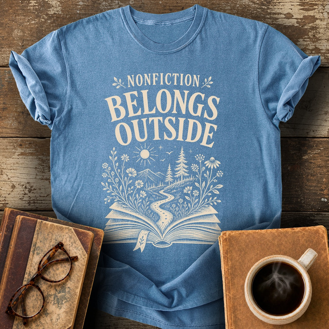 Nonfiction Belongs Outside Tee - blue jean shirt mockup