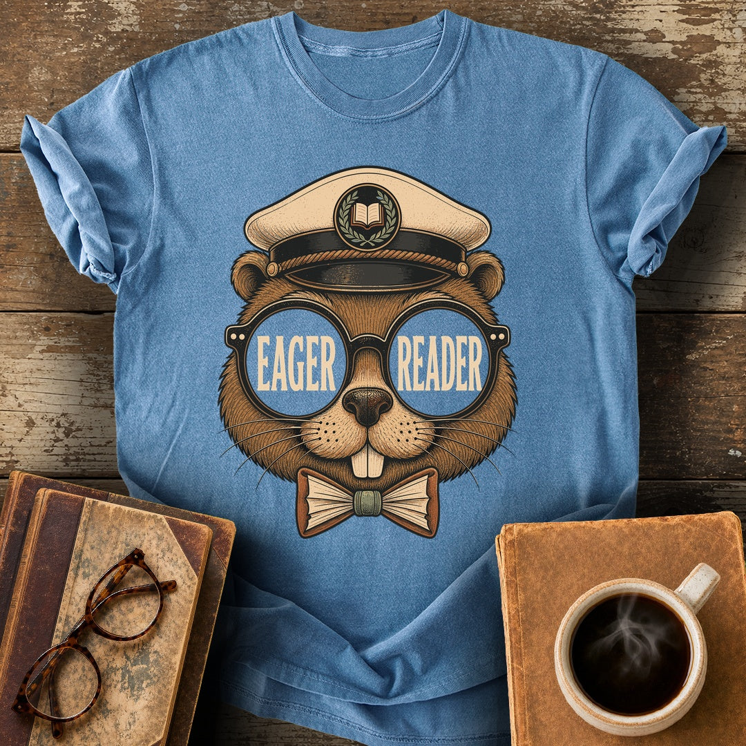 Eager Reader Beaver Tee - blue jean shirt mockup