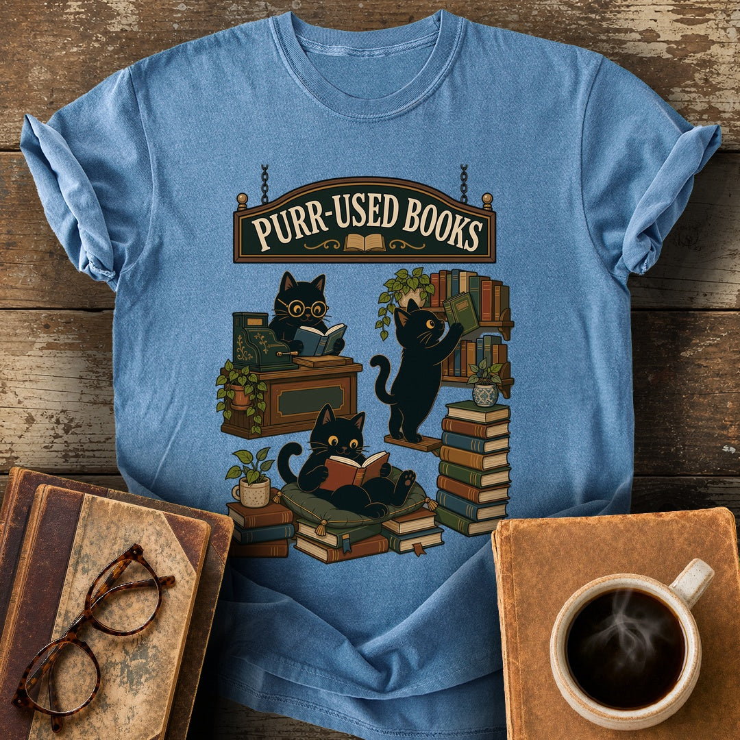 Purr-Used Books Cat Stack Tee - blue jean shirt mockup