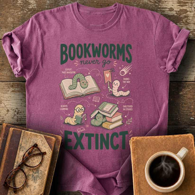 Bookworms Never Go Extinct Tee - berry shirt mockup