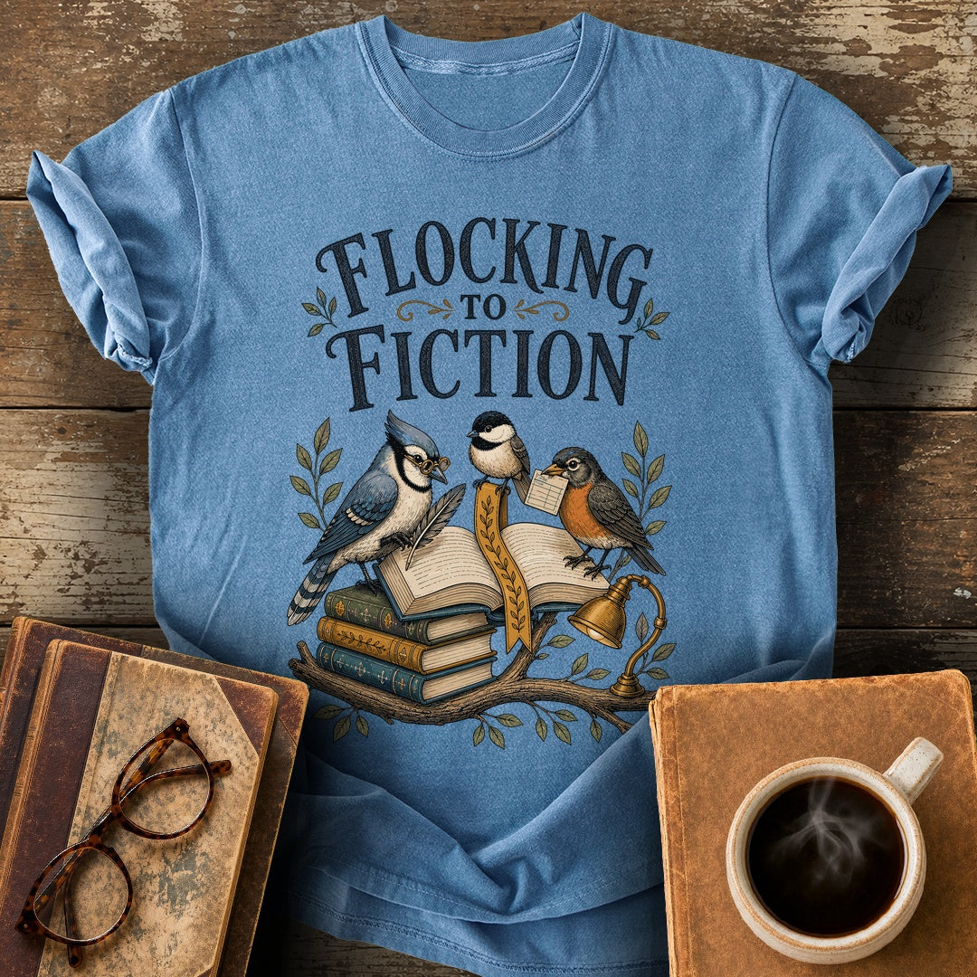 Flocking to Fiction Tee - blue jean shirt mockup