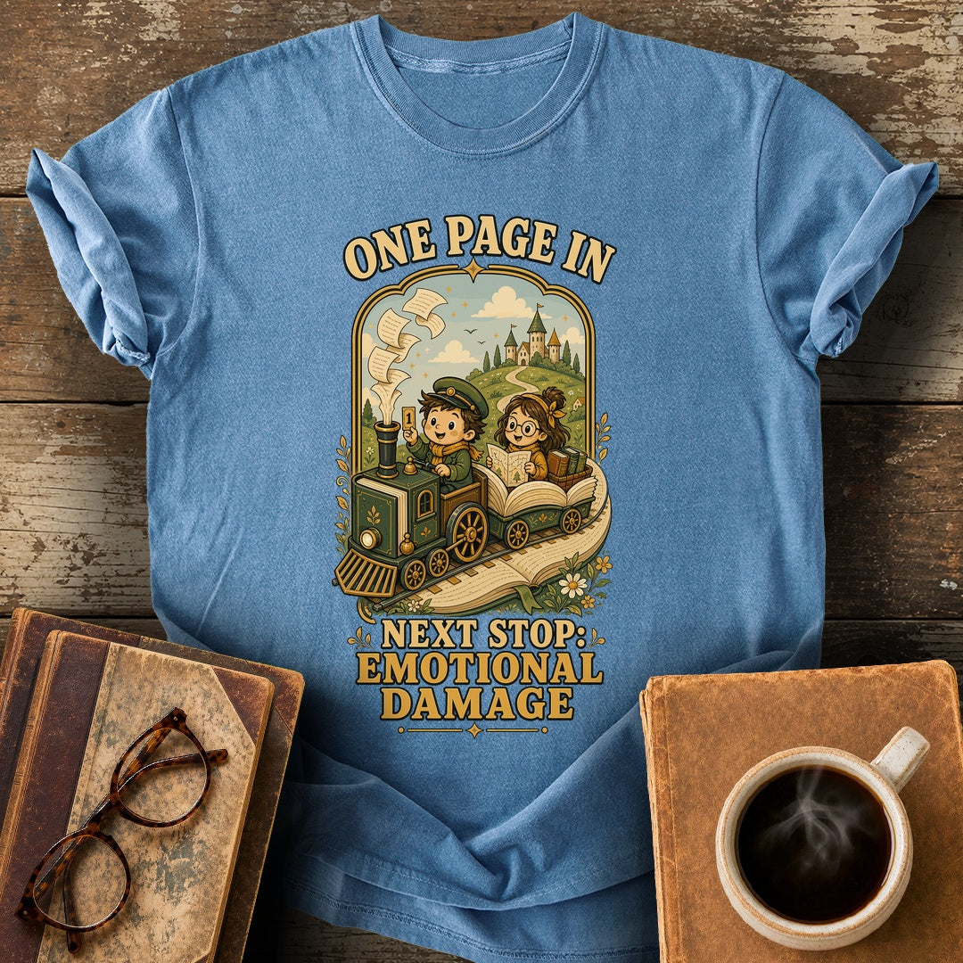 One Page In Next Stop Emotional Damage Tee - blue jean shirt mockup