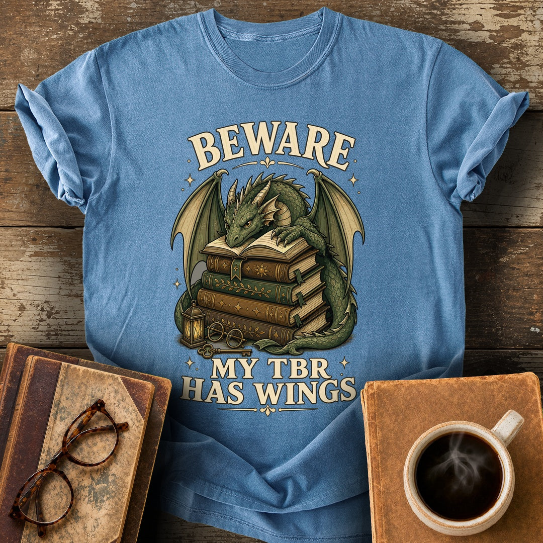 Beware My TBR Has Wings Tee - blue jean shirt mockup