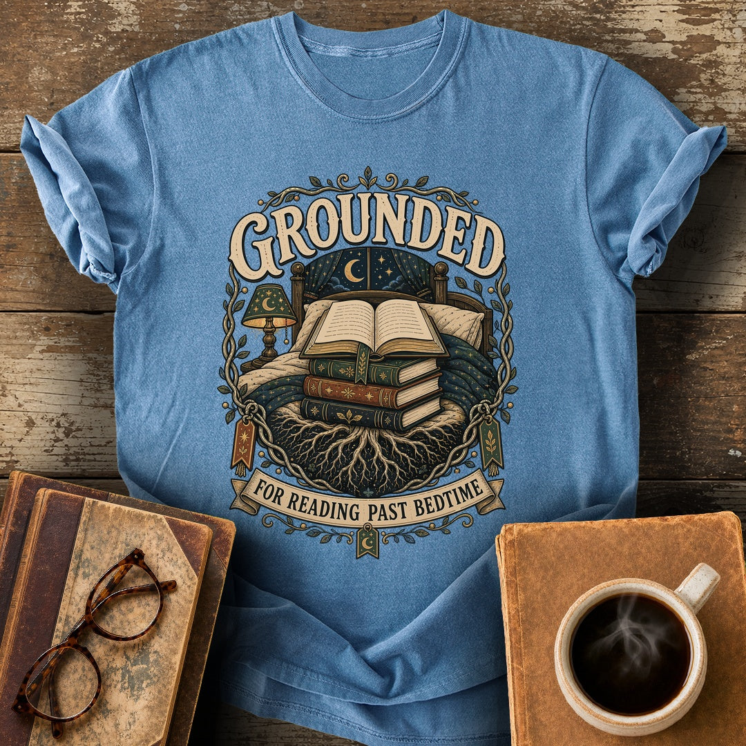 Grounded for Reading Past Bedtime Tee - blue jean shirt mockup