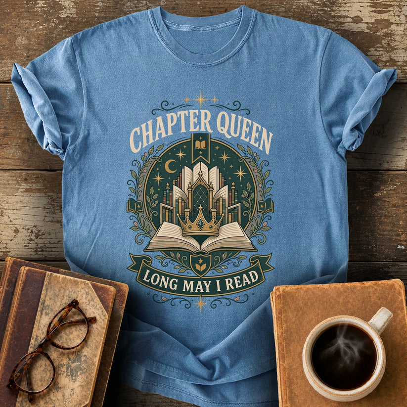 Chapter Queen Long May I Read Tee - blue jean shirt mockup