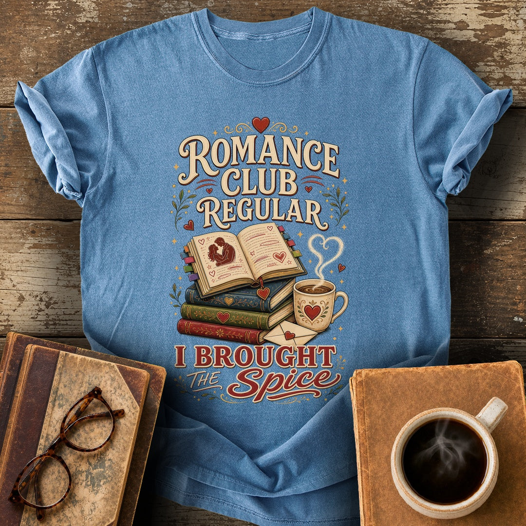 Romance Club Regular I Brought the Spice Tee - blue jean shirt mockup