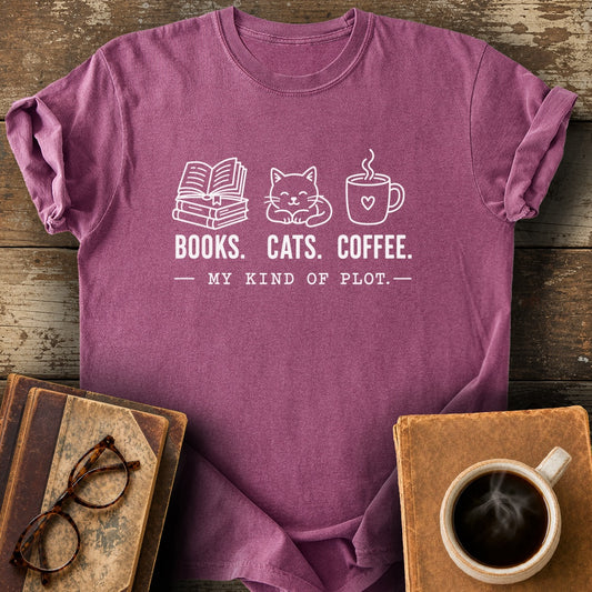 Books Cats Coffee My Kind of Plot Tee - berry shirt mockup