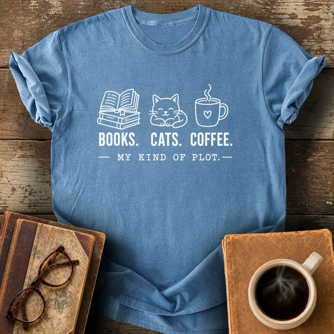 Books Cats Coffee My Kind of Plot Tee - blue jean shirt mockup
