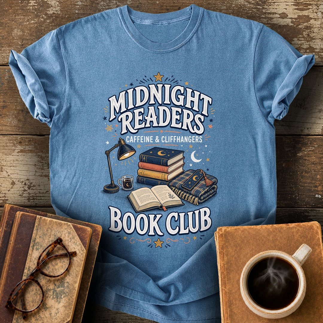 Midnight Readers Caffeine and Cliffhangers Tee - blue jean shirt mockup