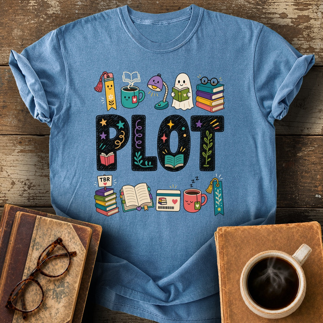 Plot Bookish Parade Tee - blue jean shirt mockup