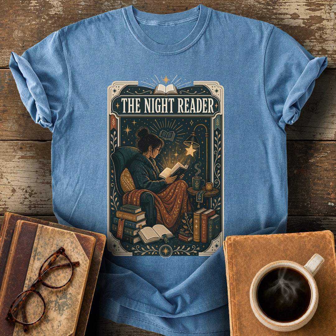 The Night Reader Tarot Tee - blue jean shirt mockup