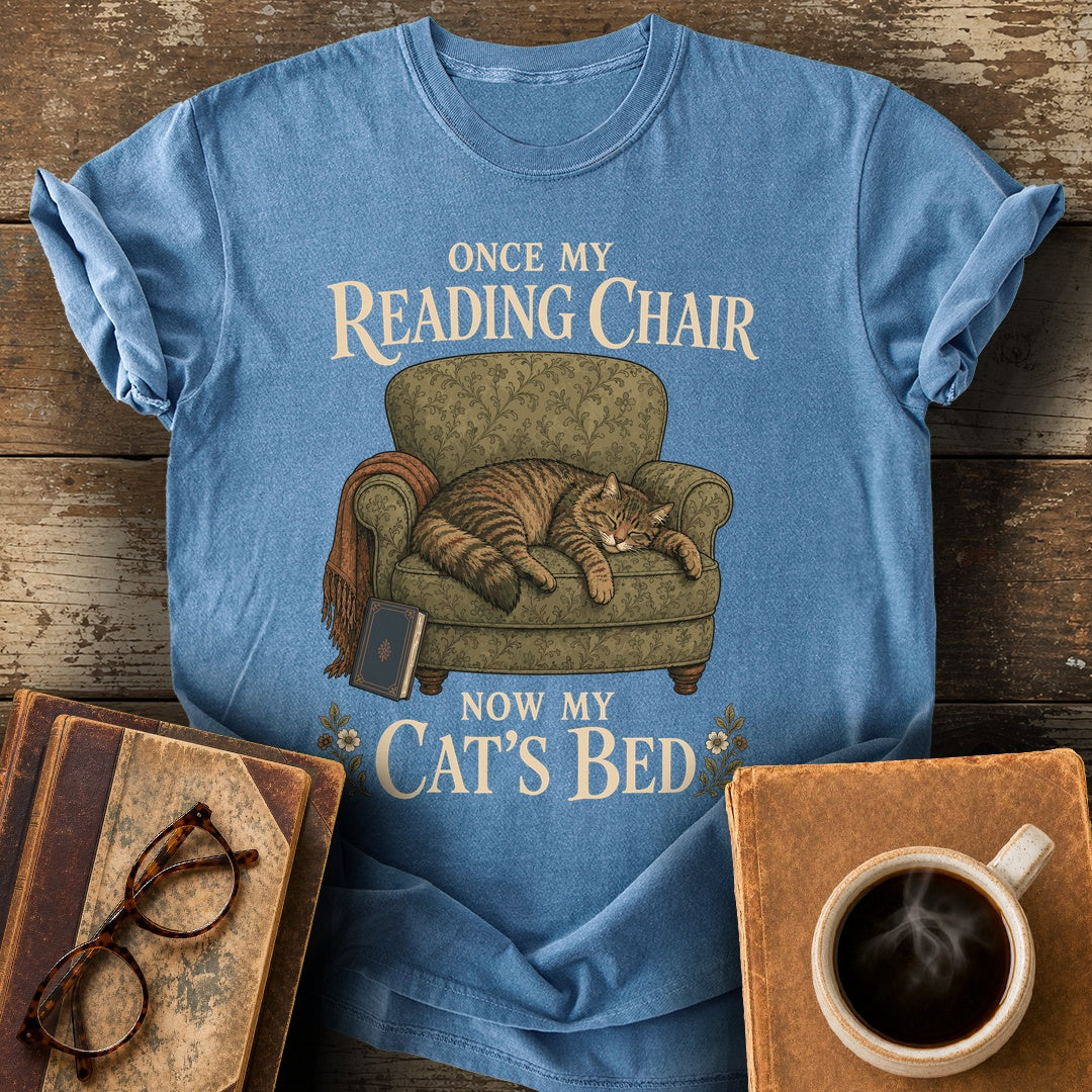 Once My Reading Chair, Now My Cat's Bed Tee - blue jean shirt mockup