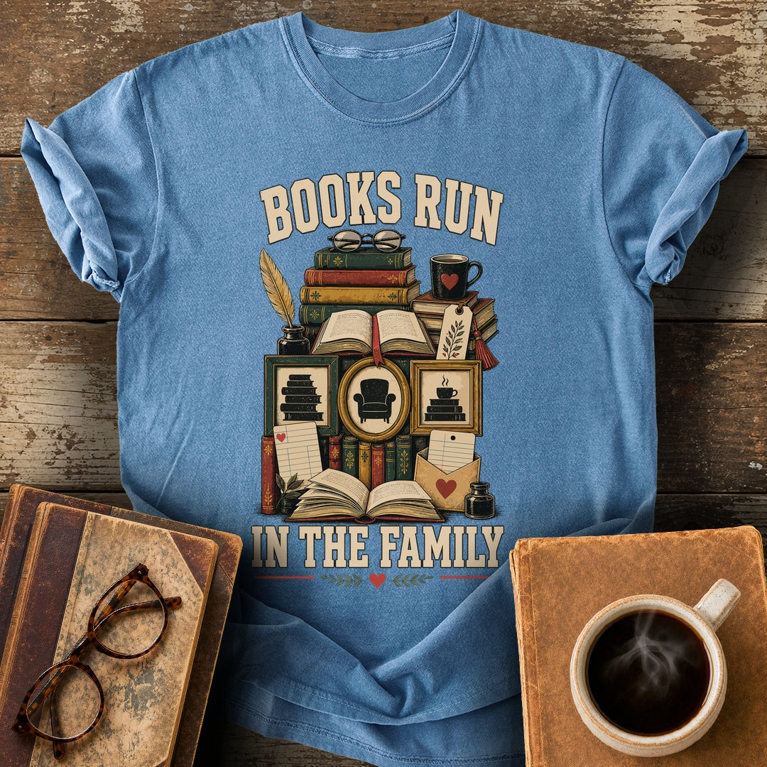 Books Run in the Family Tee - blue jean shirt mockup