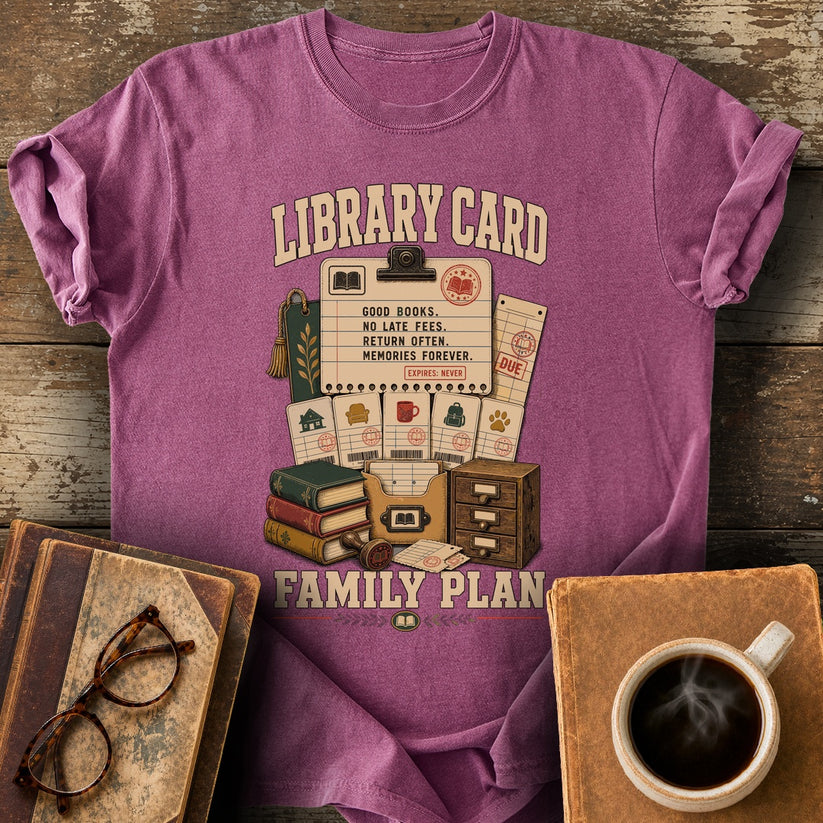 Library Card Family Plan Tee - berry shirt mockup