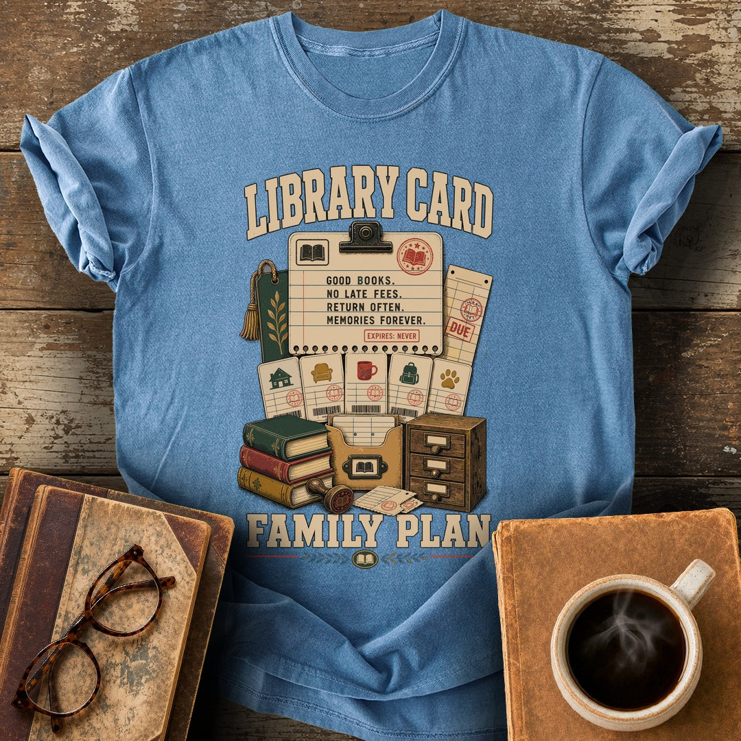 Library Card Family Plan Tee - blue jean shirt mockup