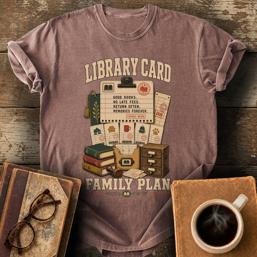 Library Card Family Plan Tee - espresso shirt mockup