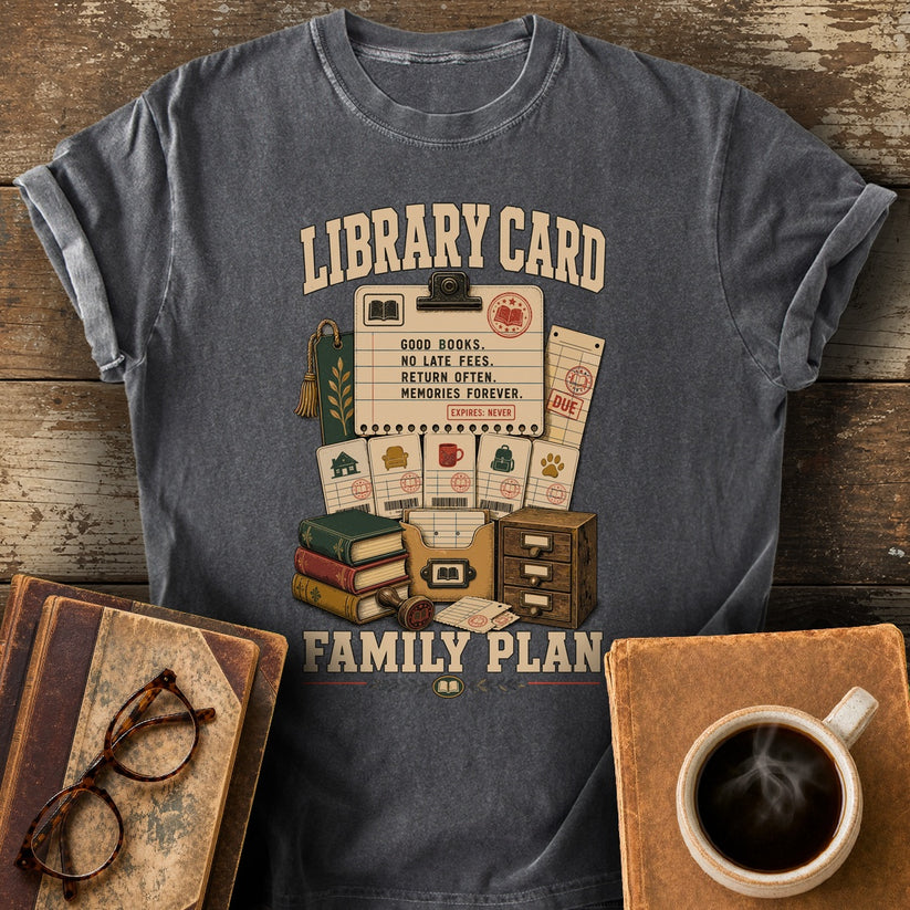 Library Card Family Plan Tee - pepper shirt mockup
