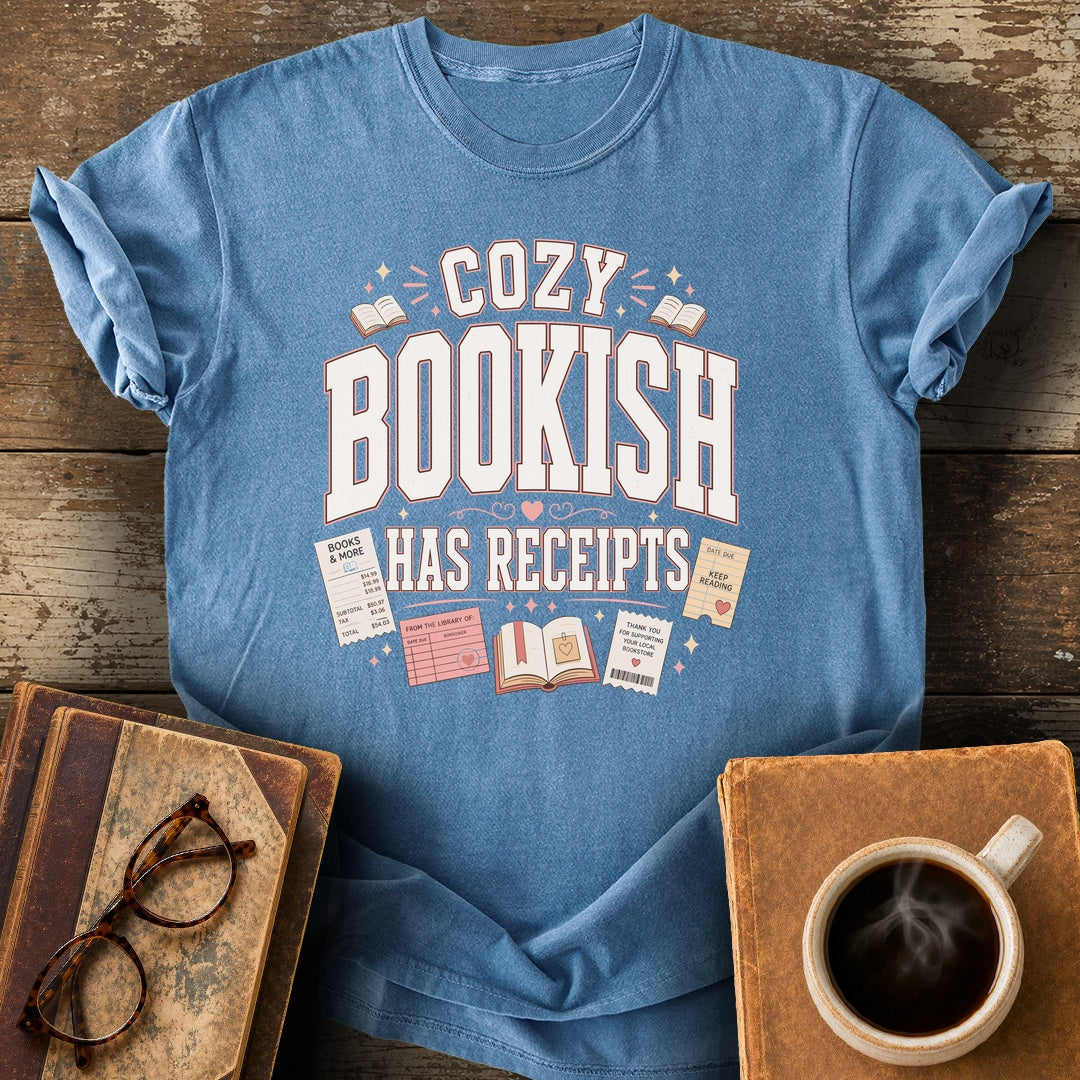 Cozy Bookish Has Receipts Tee - blue jean shirt mockup
