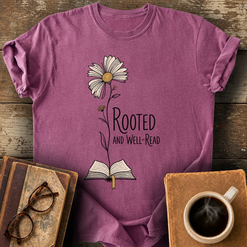 Rooted and Well-Read Tee - berry shirt mockup