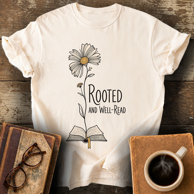 Rooted and Well-Read Tee - ivory shirt mockup